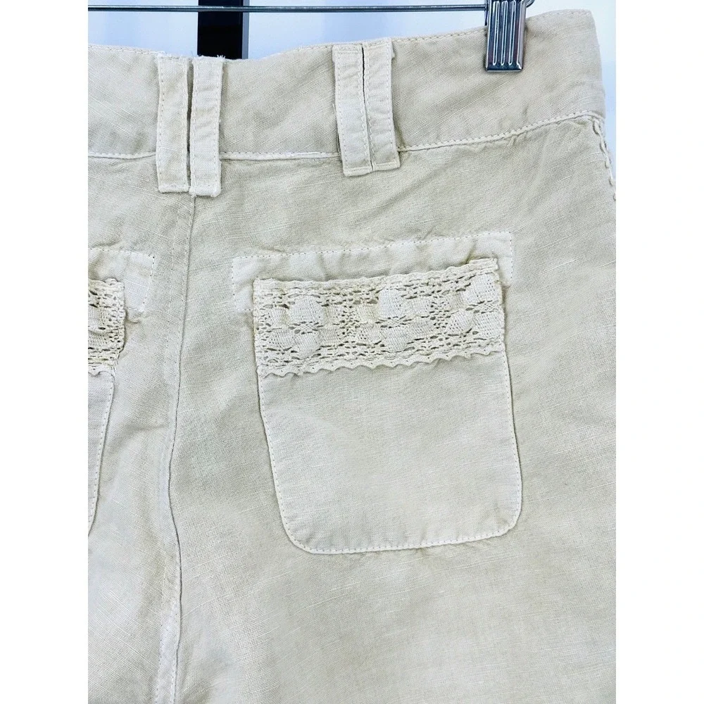 SUNDANCE Linen Blend Shorts Sandy‎ Beige Crochet Lace Trim 6